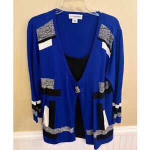 Sag Harbour Blue Cardiagan Sweater L Geometric Open Front 3/4 Sleeve Womens